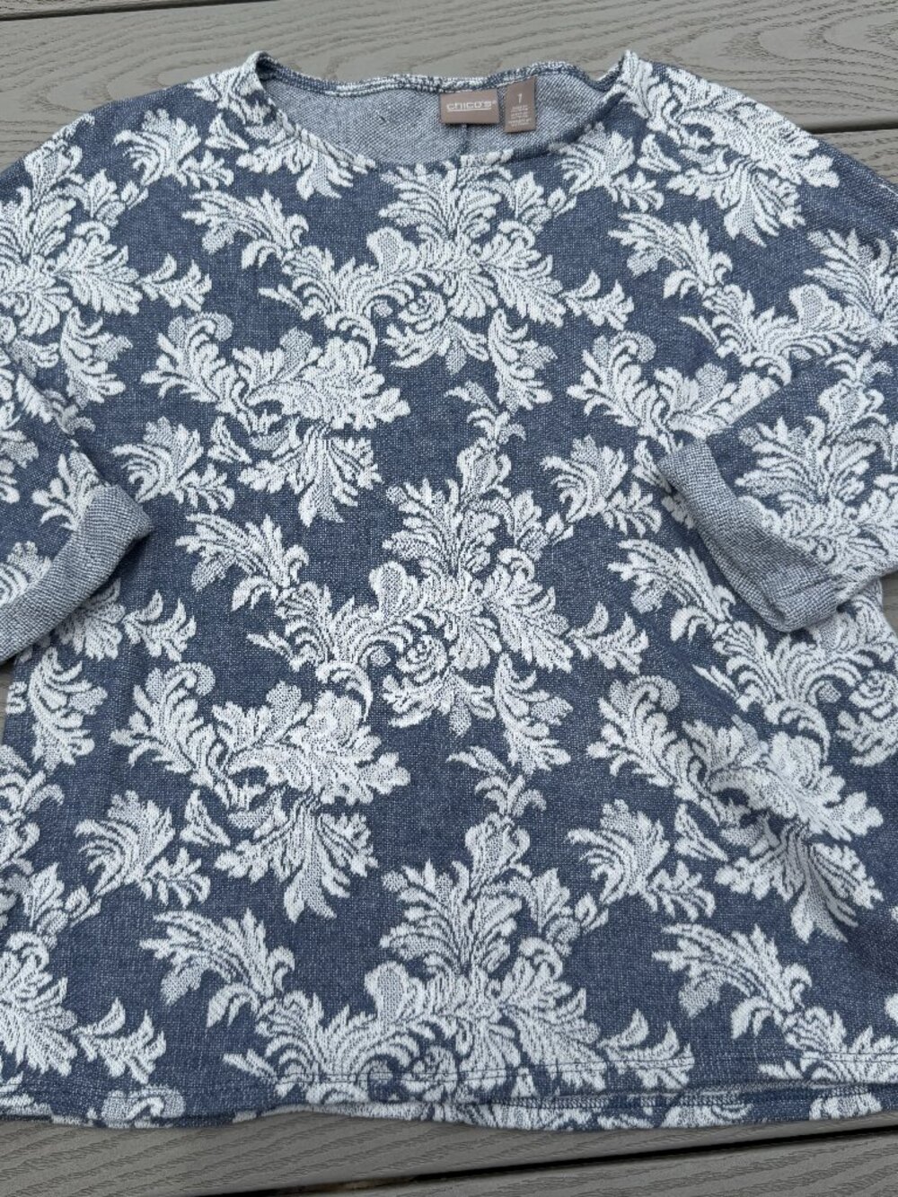 Chico's Women 3/4 Sleeve Lightweight Tunic Sweater Top Sz 1/M Blue Off White